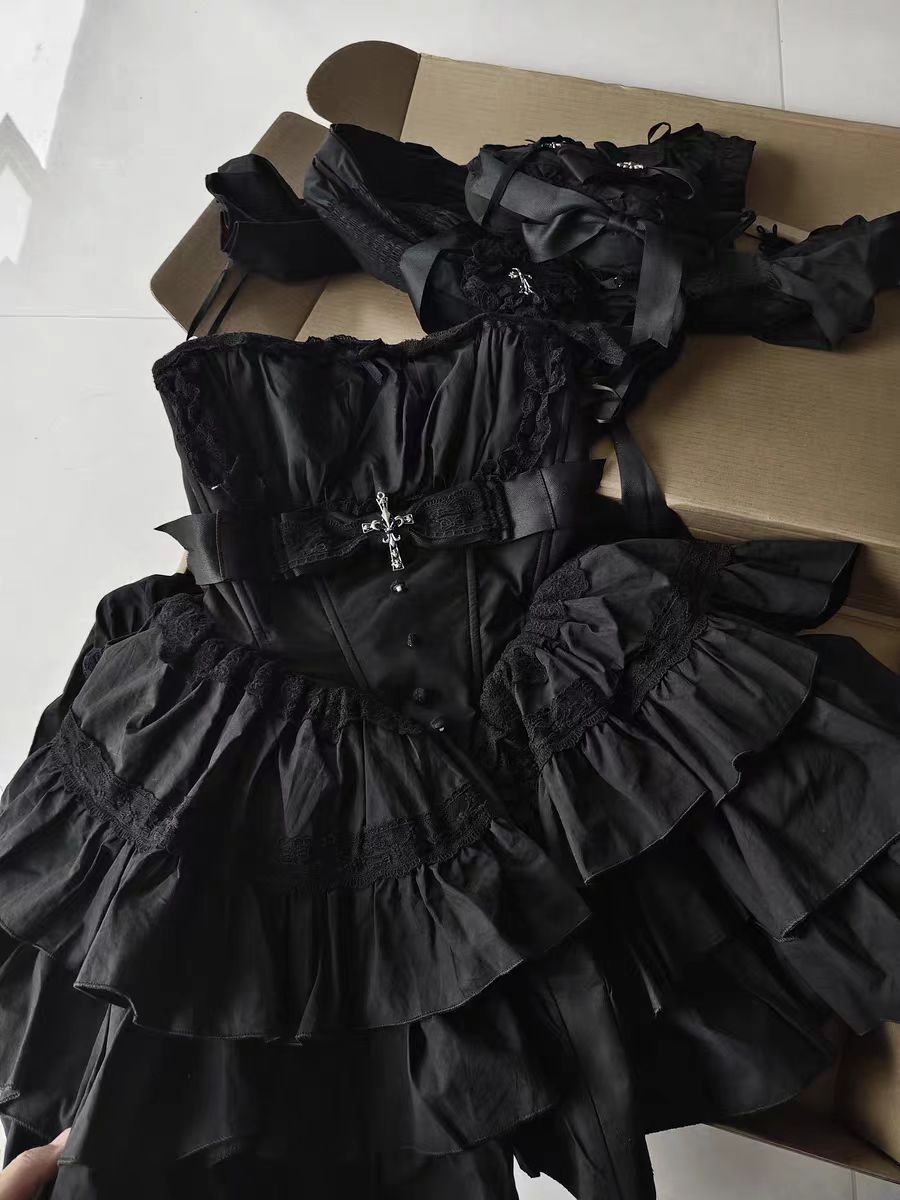 Gothic Lolita Black Swan Cake Dress Ruffle Lace Lolita Short Dress for Party