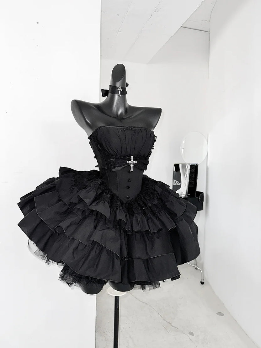 Gothic Lolita Black Swan Cake Dress Ruffle Lace Lolita Short Dress for Party