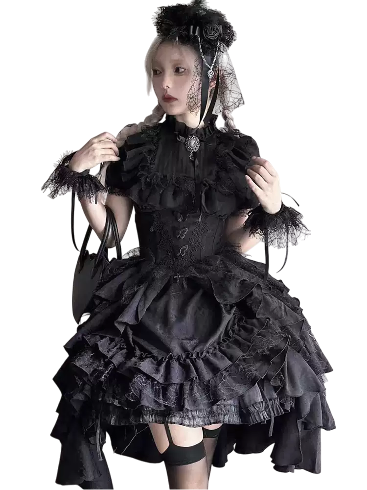 Gothic Lolita Dark Black Vampire Count Lift Blouse Skirt Layer Dress