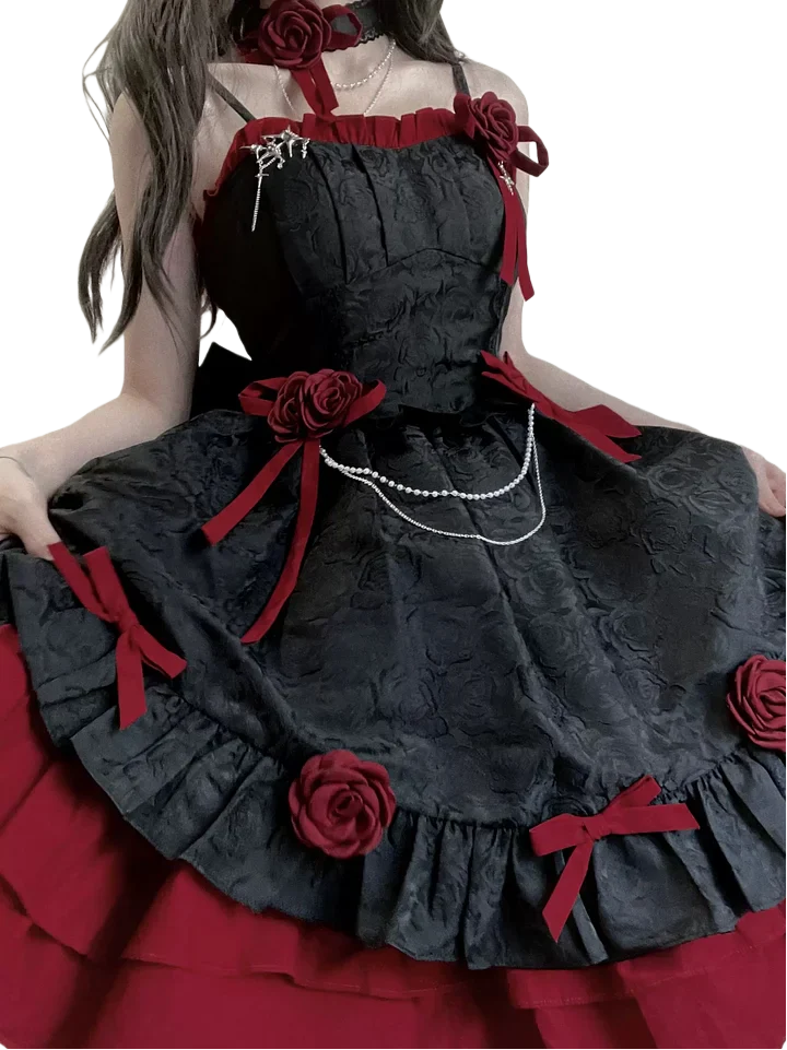 Gothic Lolita Red Black Rose Ball Gown Multi-layer Cake Dresses for Halloween