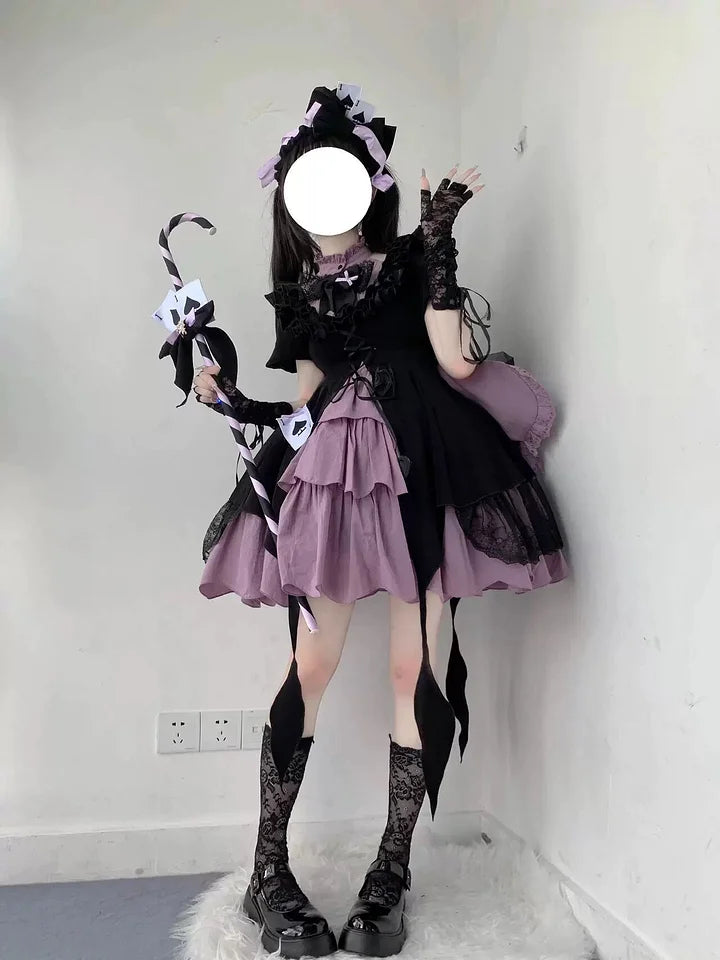 Gothic Lolita Spade Magic Cute Purple Dress with Bow Tail for Halloween