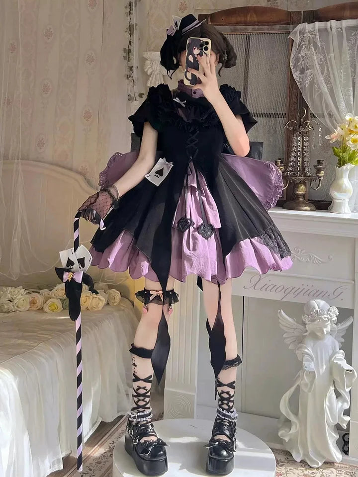 Gothic Lolita Spade Magic Cute Purple Dress with Bow Tail for Halloween