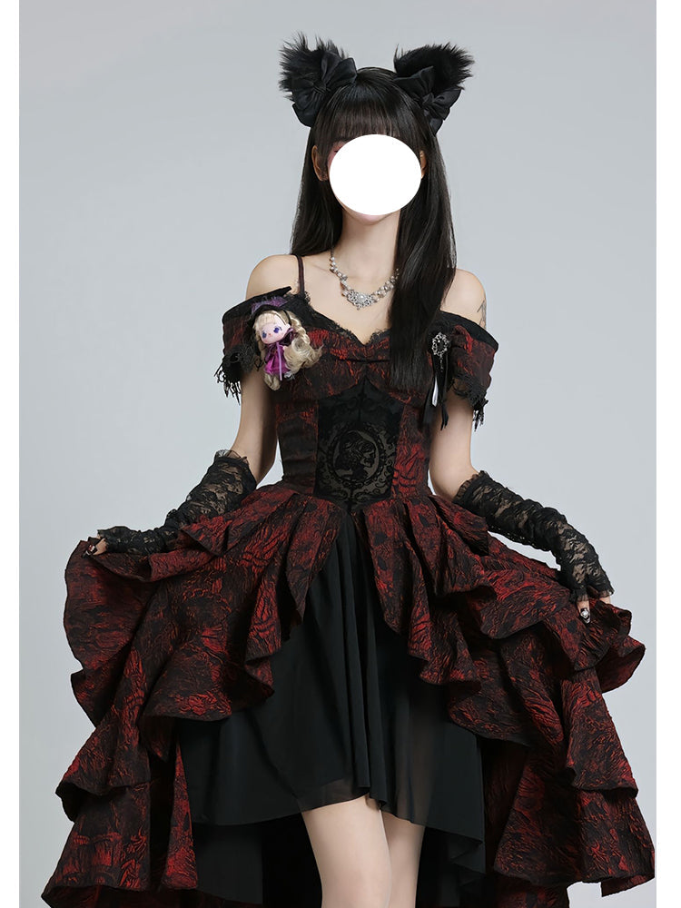 Gothic Prom Lolita Black and Red Jacquard Rose Pattern Bow Fluffy Princess