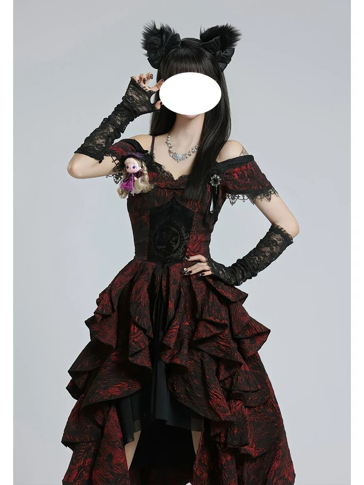 Gothic Prom Lolita Black and Red Jacquard Rose Pattern Bow Fluffy Princess
