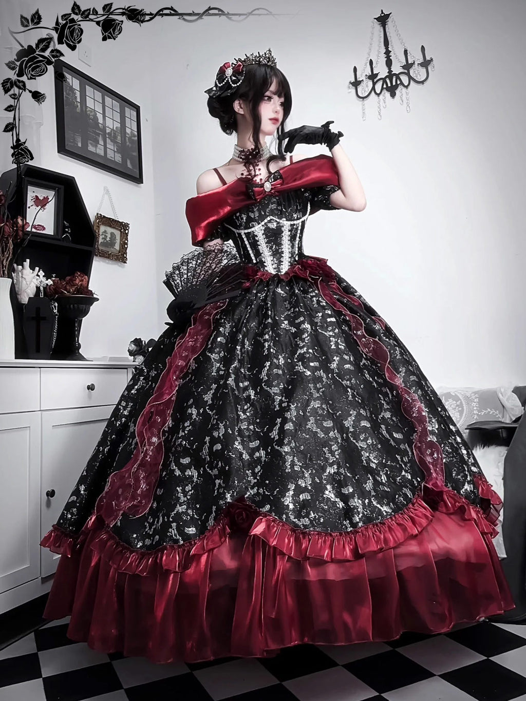 Gothic Lolita Ball Gown Prom Evening Dress Black Red Off Shoulder Ruffles for Party