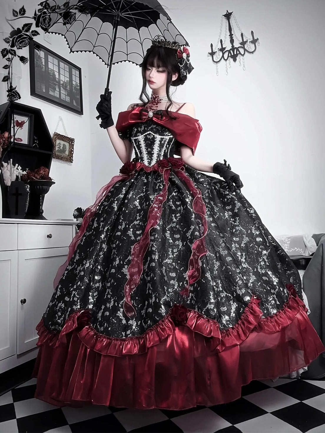 Gothic Lolita Ball Gown Prom Evening Dress Black Red Off Shoulder Ruffles for Party