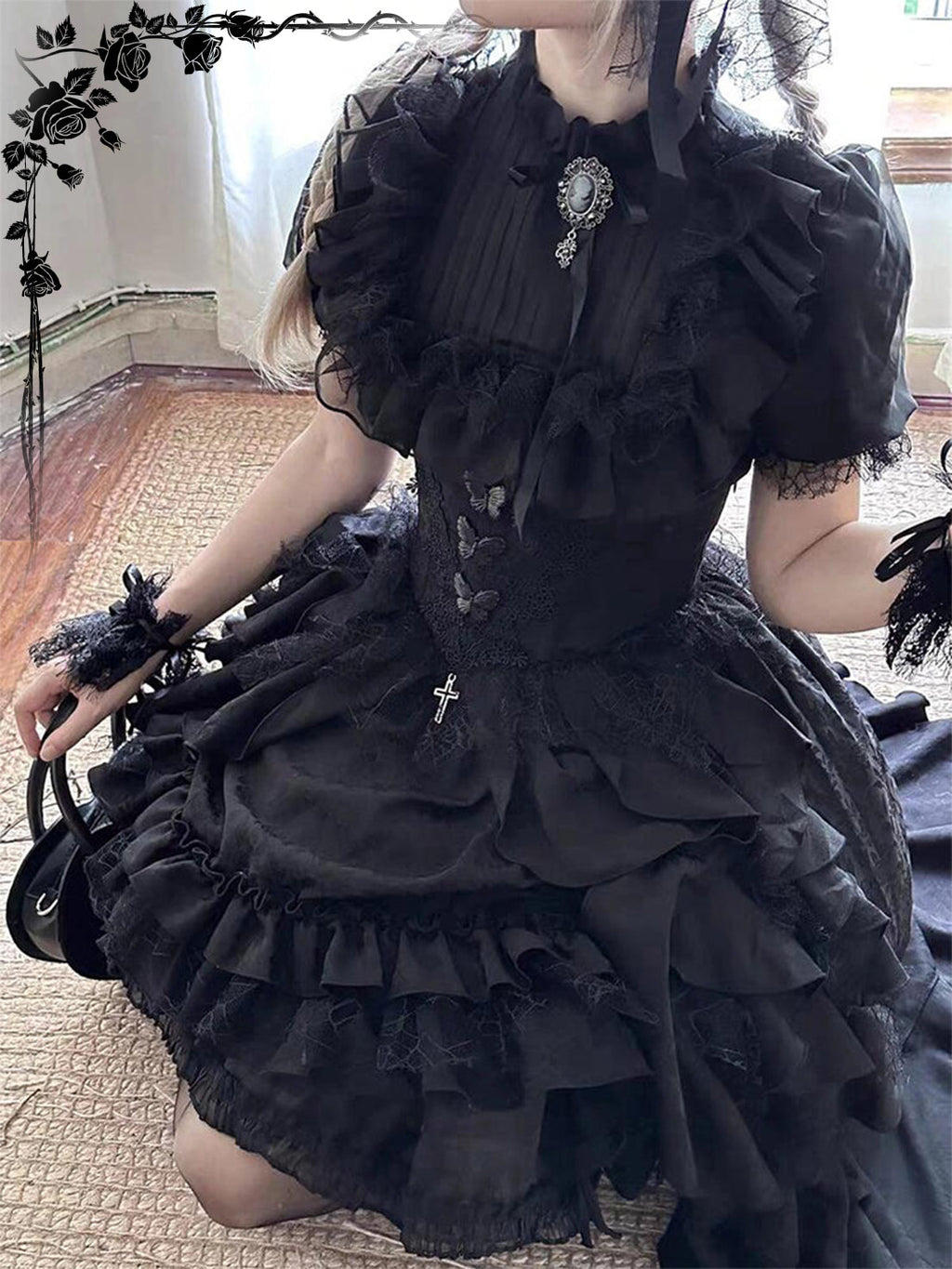 Gothic Lolita Dark Black Vampire Count Lift Blouse Skirt Layer Dress