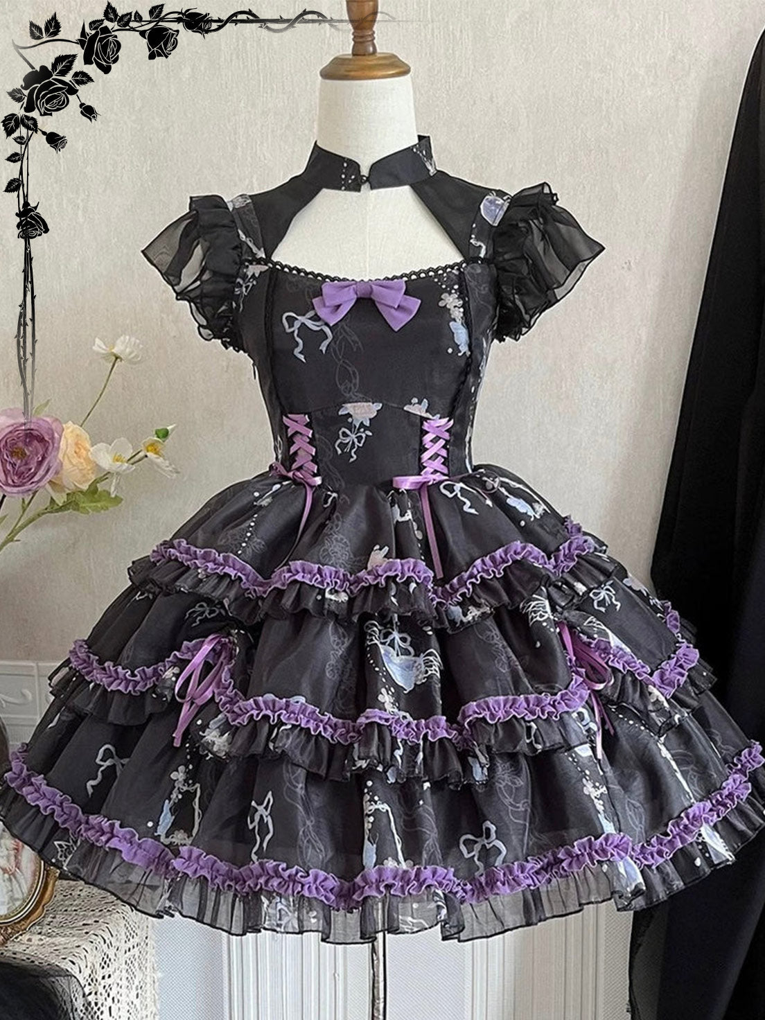 Gothic Lolita Purple Princess Black Ruffle Lace With Bow Cake Dress