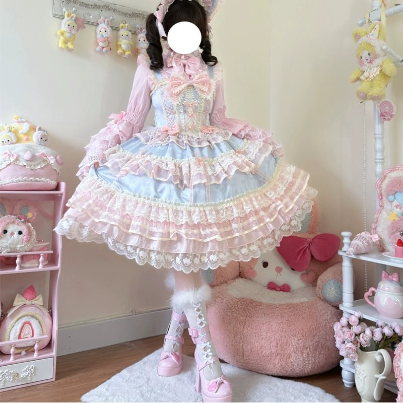 Hime Lolita Apricot Princess Dress with Ruffle Hem for Party Birthday
