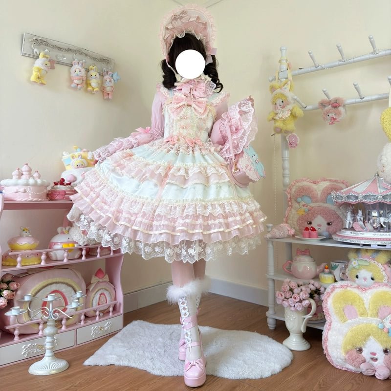 Hime Lolita Apricot Princess Dress with Ruffle Hem for Party Birthday