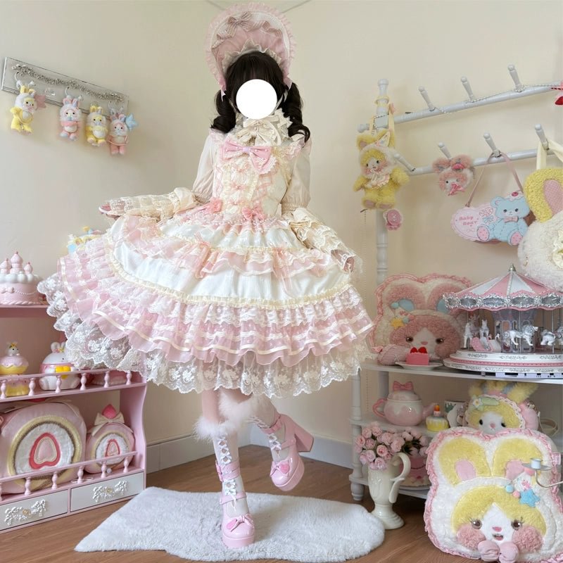 Hime Lolita Apricot Princess Dress with Ruffle Hem for Party Birthday