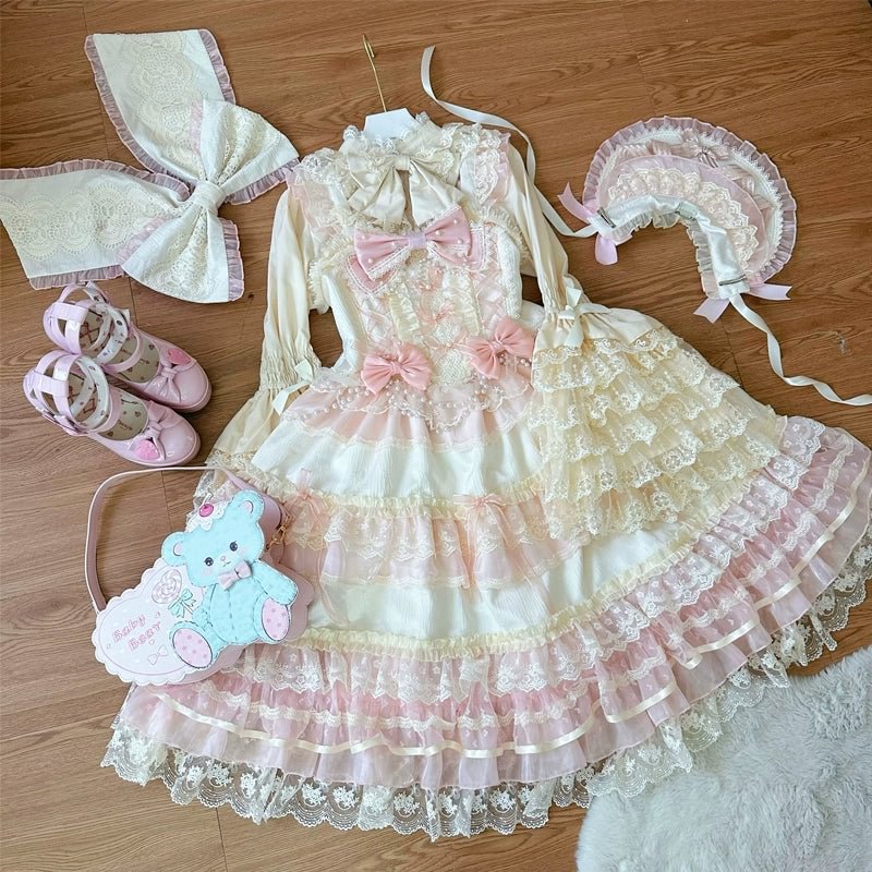 Hime Lolita Apricot Princess Dress with Ruffle Hem for Party Birthday