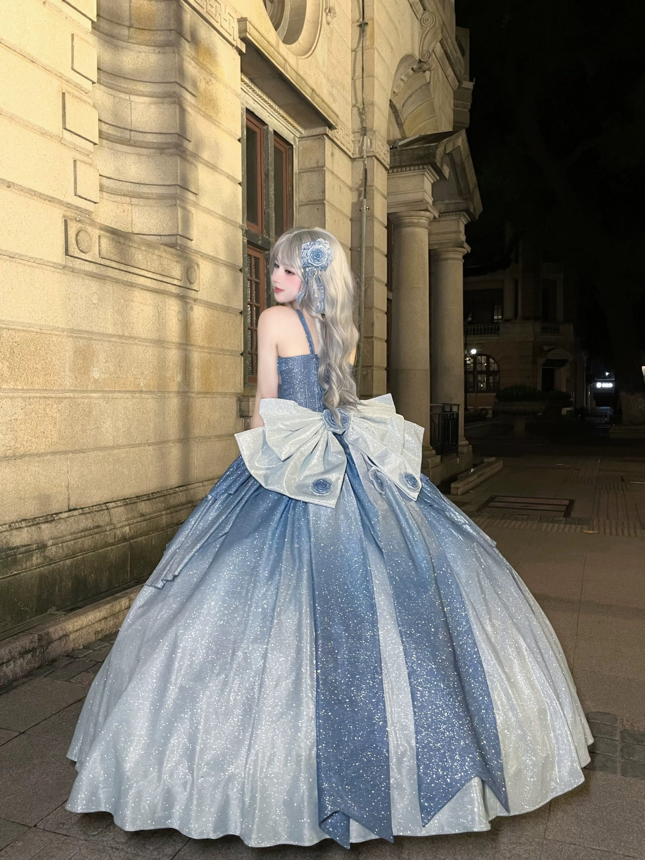 Hime Lolita Blue Princess Prom Dresses Starry Sky Rose for Tea Party