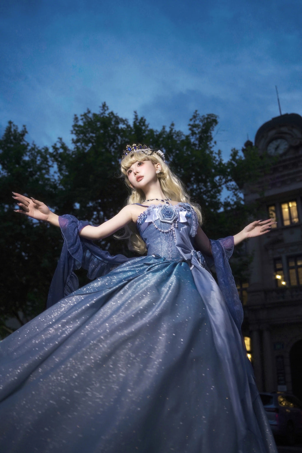 Hime Lolita Blue Princess Prom Dresses Starry Sky Rose for Tea Party