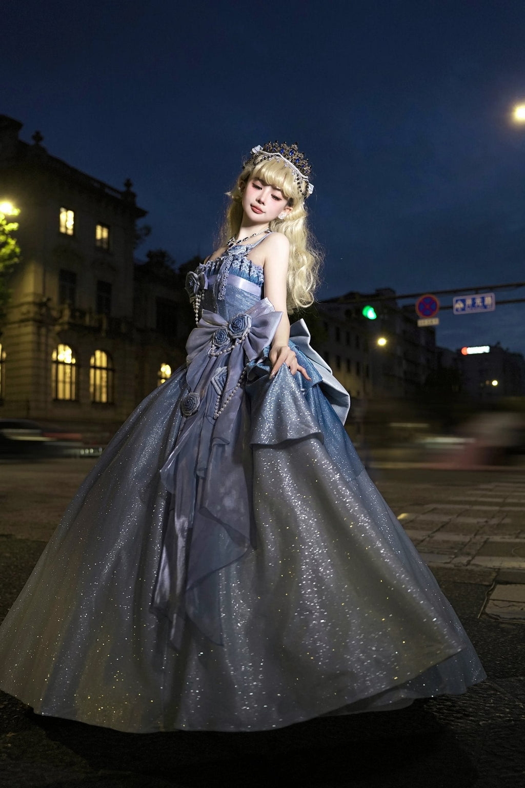 Hime Lolita Blue Princess Prom Dresses Starry Sky Rose for Tea Party