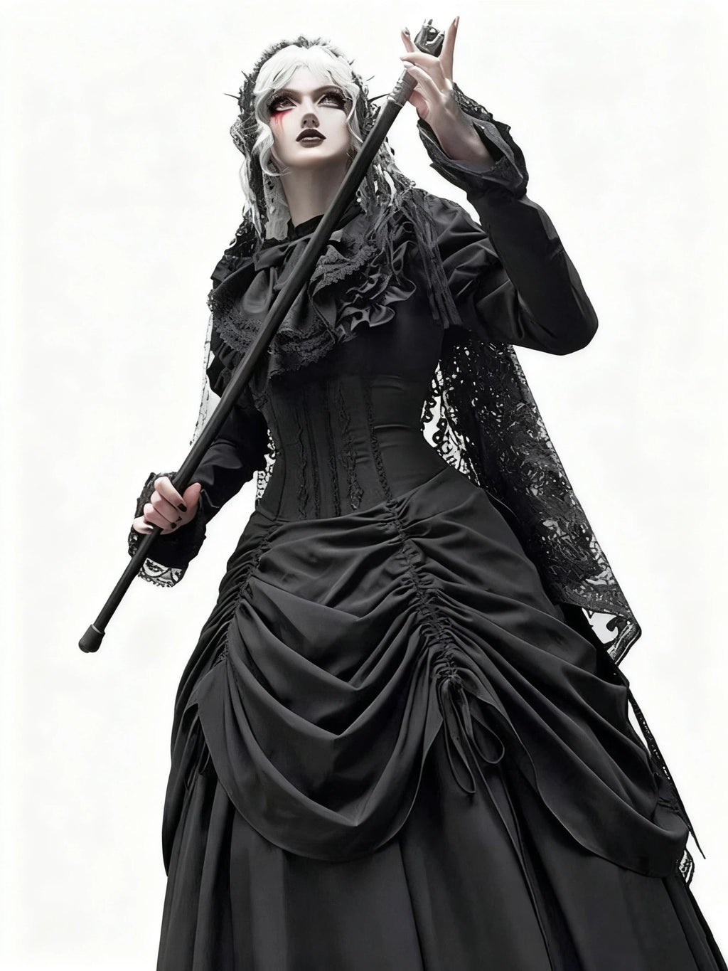 Goth Prom Lolita Diablo Black Long Ruffled Gown Dress