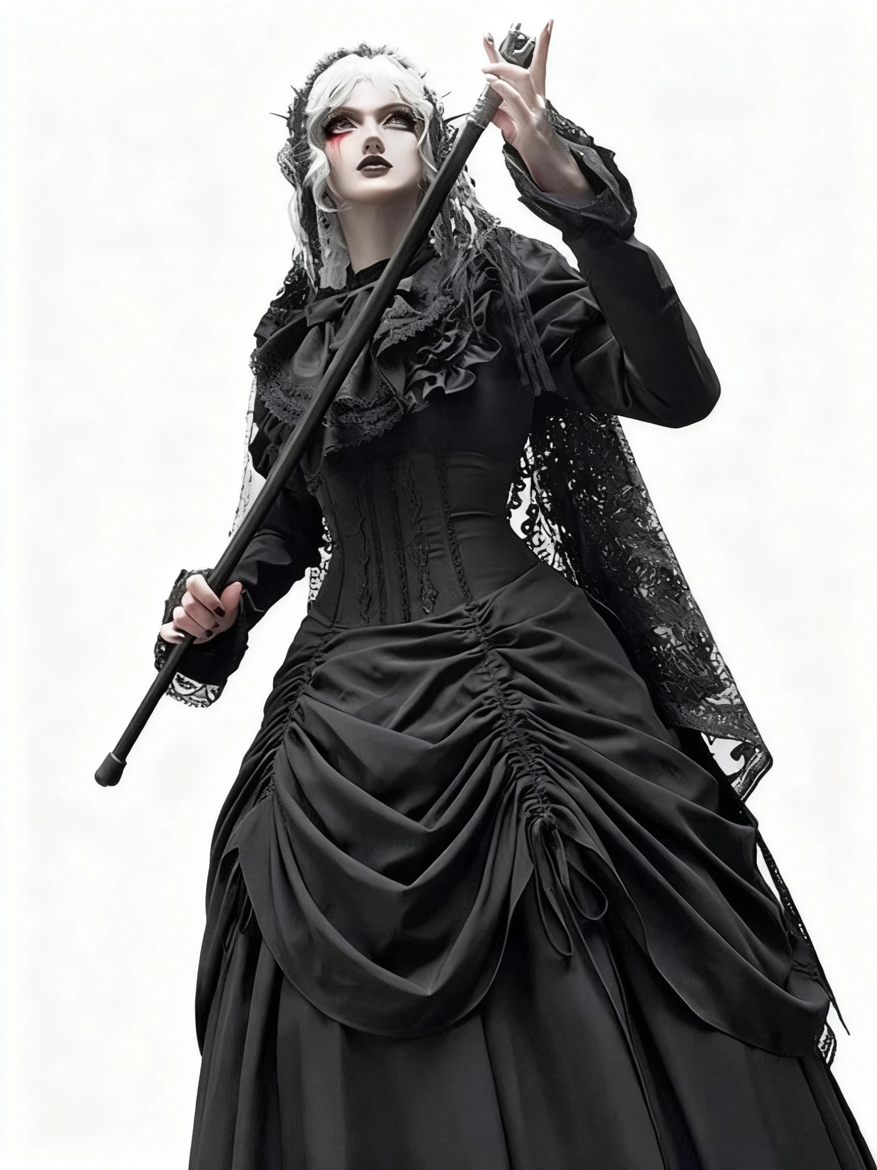 Goth Prom Lolita Diablo Black Long Ruffled Gown Dress