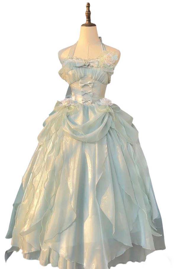 Hime Lolita Fairy Princess Prom Dress Green Rose Ruffles for Party 3 Colors