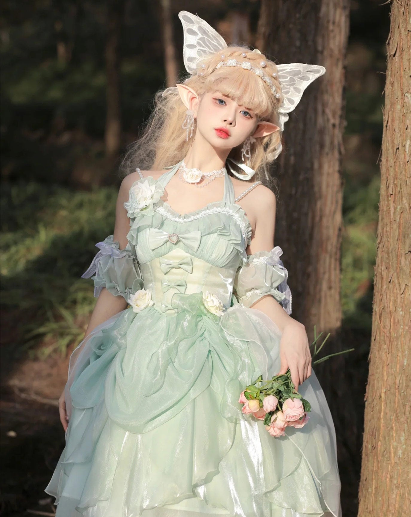 Hime Lolita Fairy Princess Prom Dress Green Rose Ruffles for Party 3 Colors