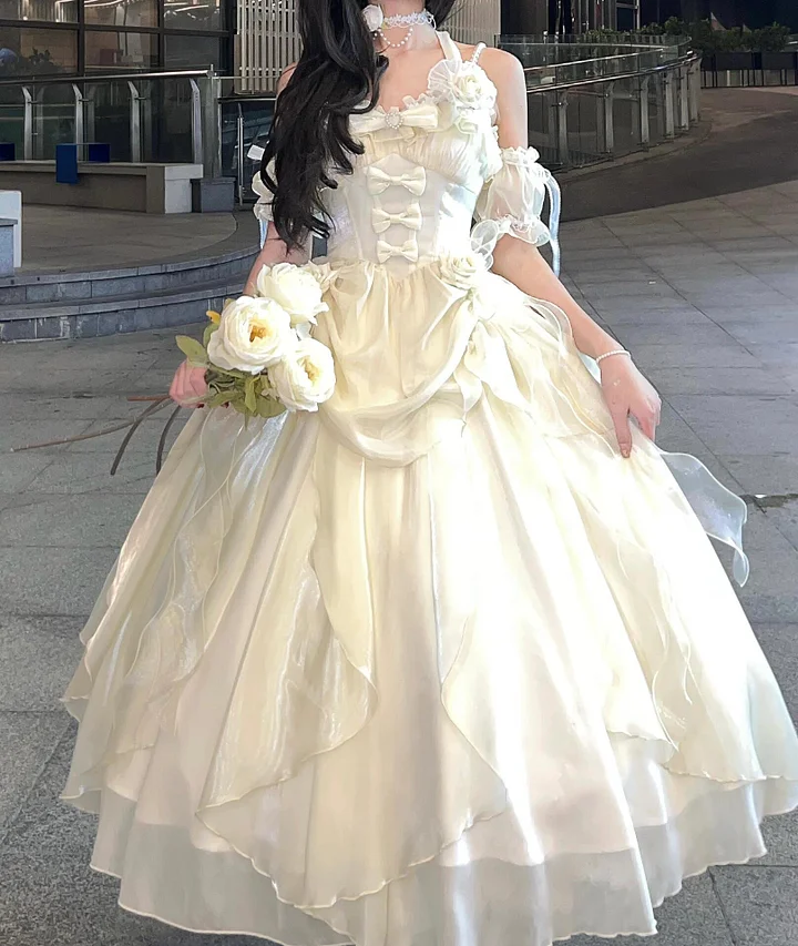 Hime Lolita Fairy Princess Prom Dress Green Rose Ruffles for Party 3 Colors