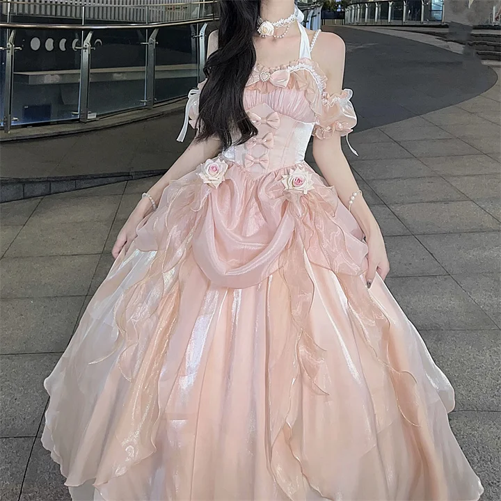 Hime Lolita Fairy Princess Prom Dress Green Rose Ruffles for Party 3 Colors