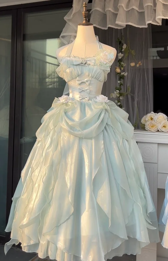 Hime Lolita Fairy Princess Prom Dress Green Rose Ruffles for Party 3 Colors