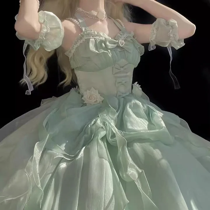 Hime Lolita Fairy Princess Prom Dress Green Rose Ruffles for Party 3 Colors