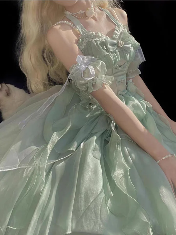 Hime Lolita Fairy Princess Prom Dress Green Rose Ruffles for Party 3 Colors