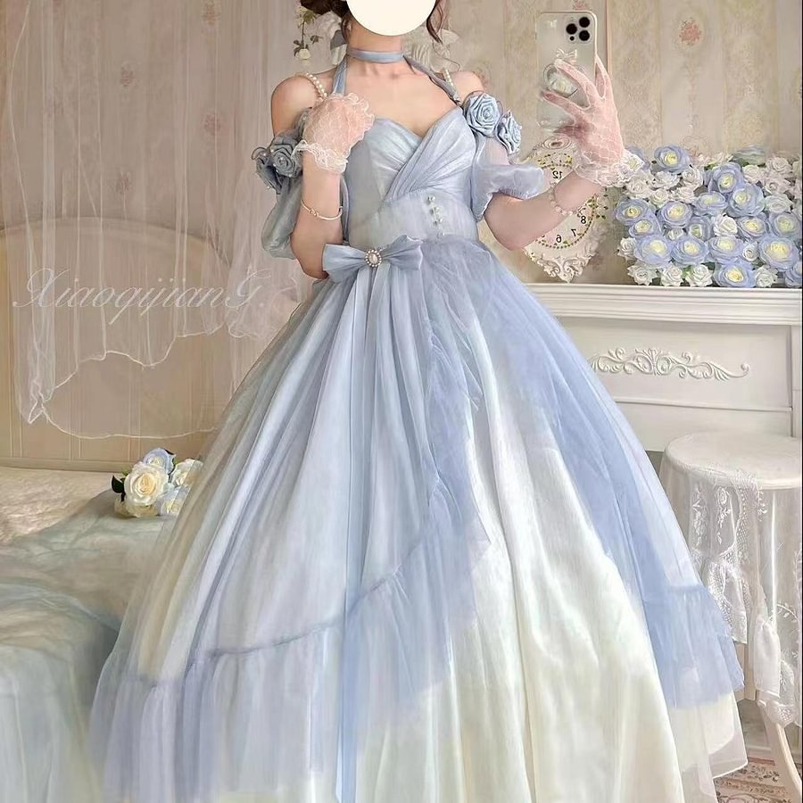 Hime Lolita Fairy Prom Rose Dress Elegant Mint Long Blue Dress for Graduation