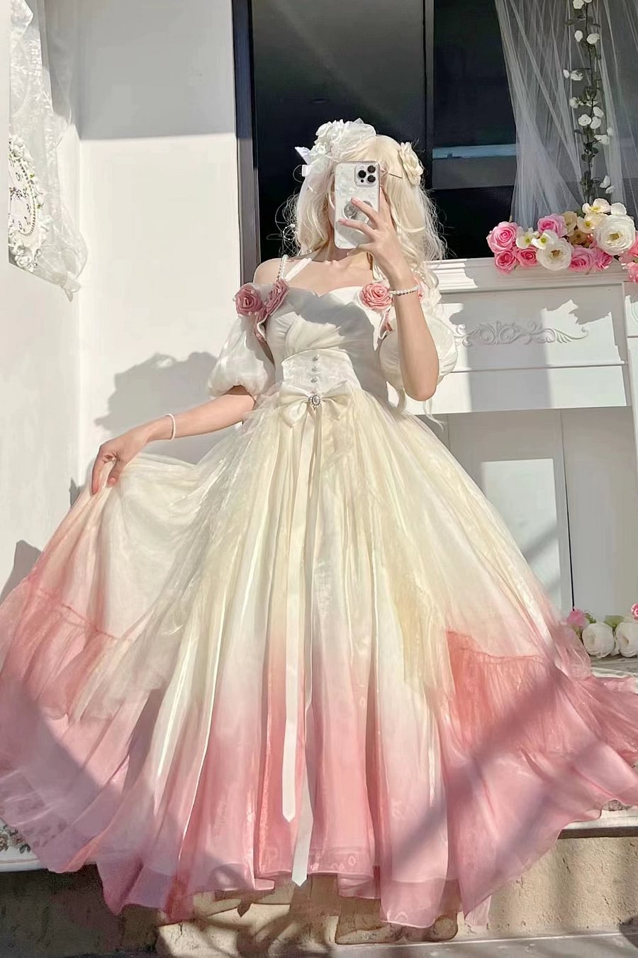 Hime Lolita Fairy Prom Rose Dress Elegant Mint Long Blue Dress for Graduation