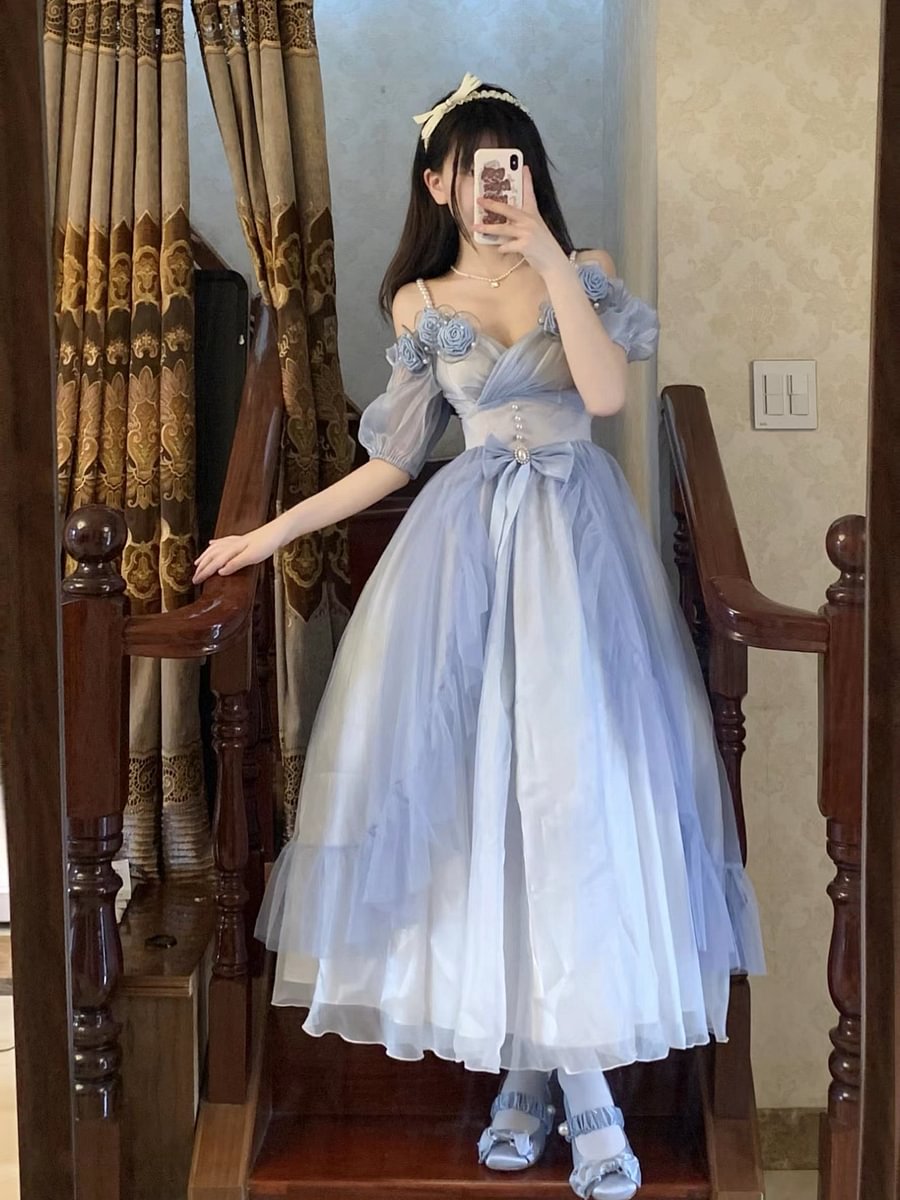 Hime Lolita Fairy Prom Rose Dress Elegant Mint Long Blue Dress for Graduation