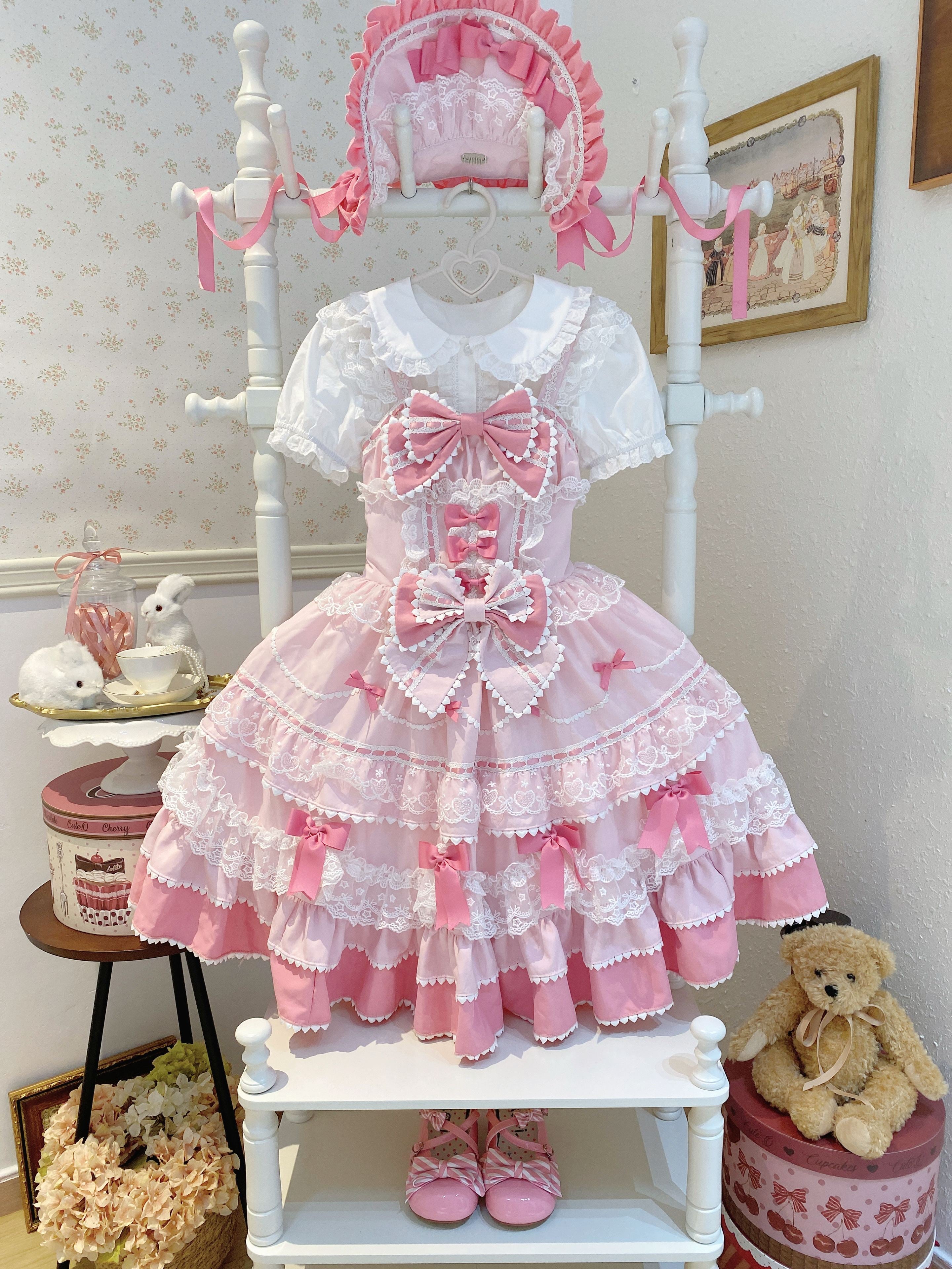 Hime Lolita Pink Cake Dress with Bow Layer Lace Trimmed Dress for Tea Party