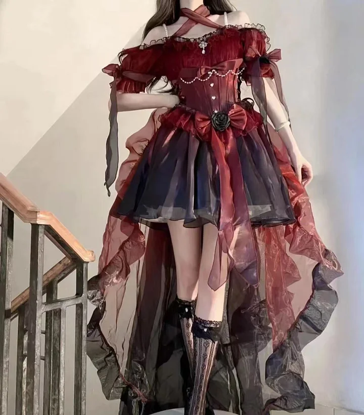 Hime Lolita Romantic Red Irregular Gradient Ball Gown Dress 2 Colors for Party