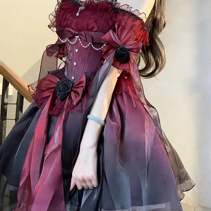 Hime Lolita Romantic Red Irregular Gradient Ball Gown Dress 2 Colors for Party