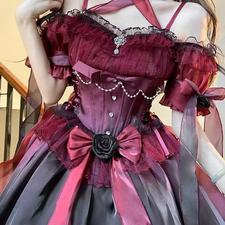 Hime Lolita Romantic Red Irregular Gradient Ball Gown Dress 2 Colors for Party