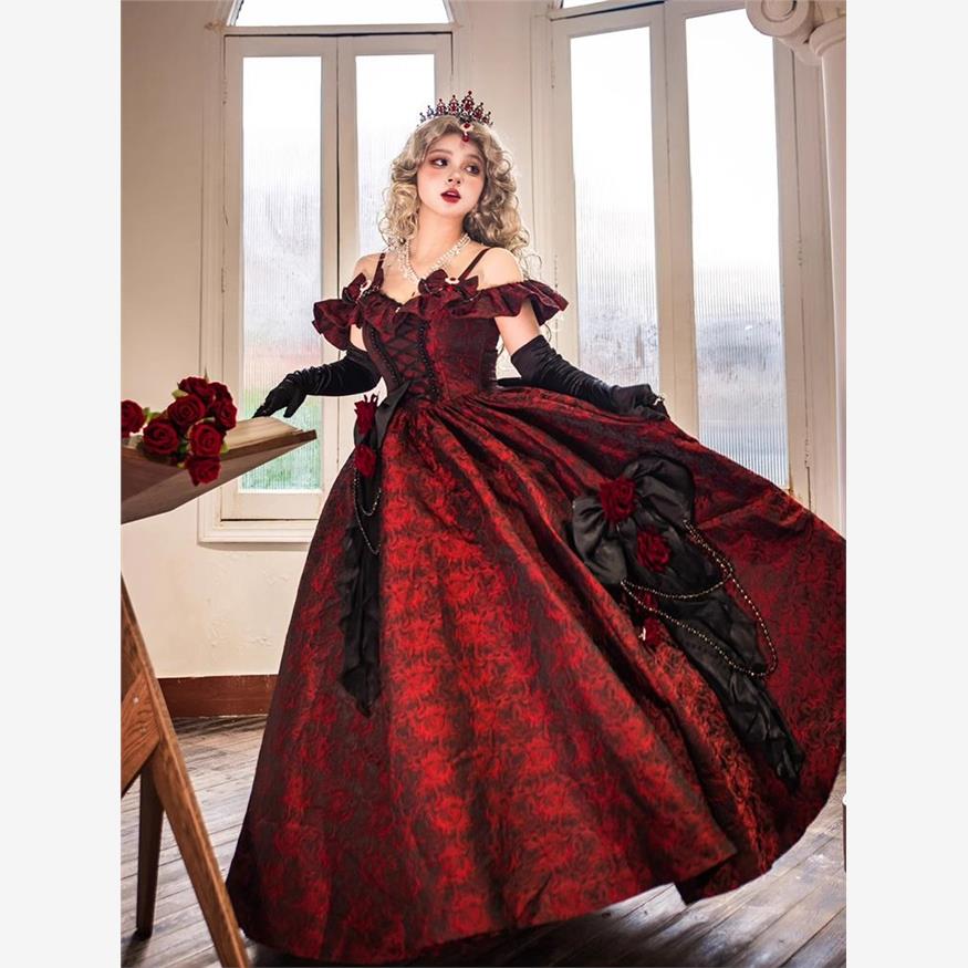 Hime Prom Lolita Black and Red Flower Gorgeous Elegant Princess for Birthday