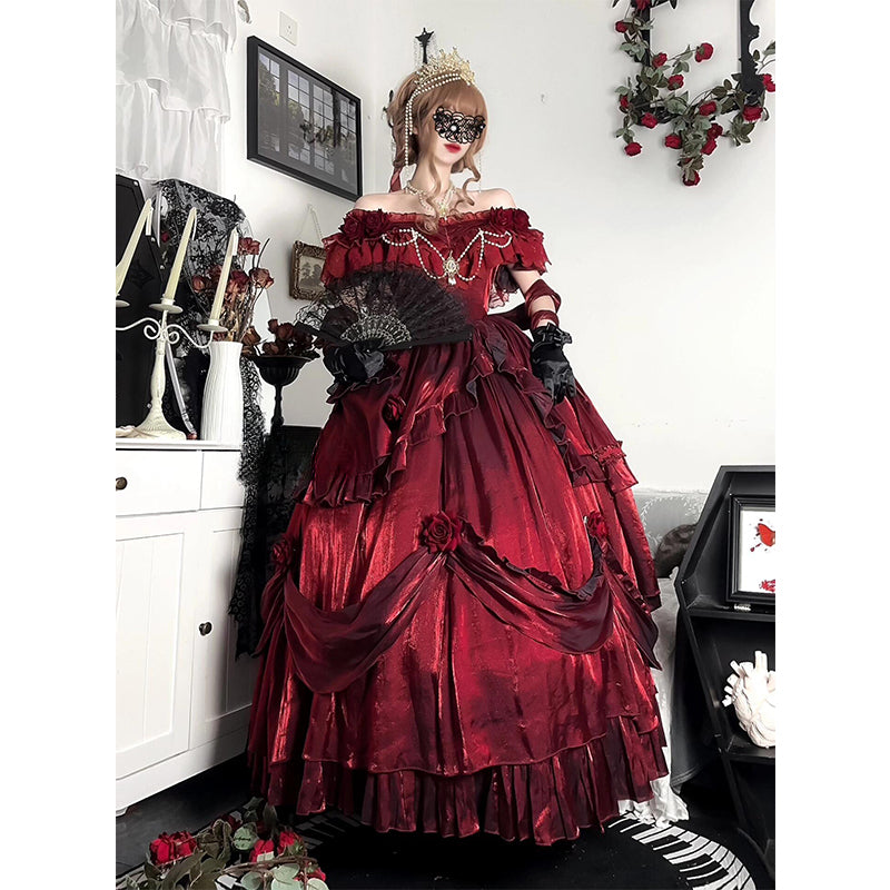 Hime Prom Lolita Red Princess Rose Fluffy Dress with Ruffled for Christmas