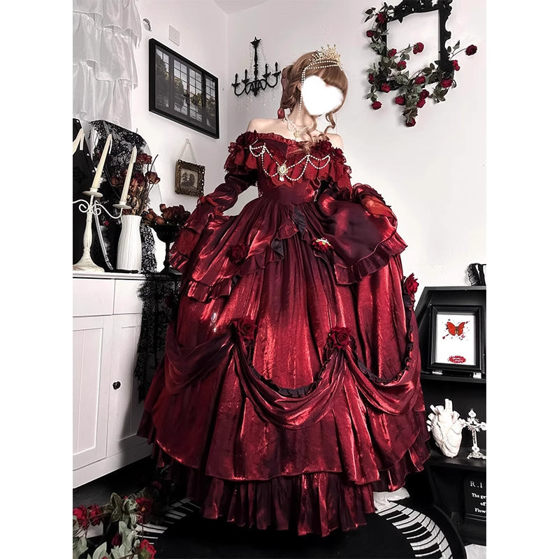 Hime Prom Lolita Red Princess Rose Fluffy Dress with Ruffled for Christmas