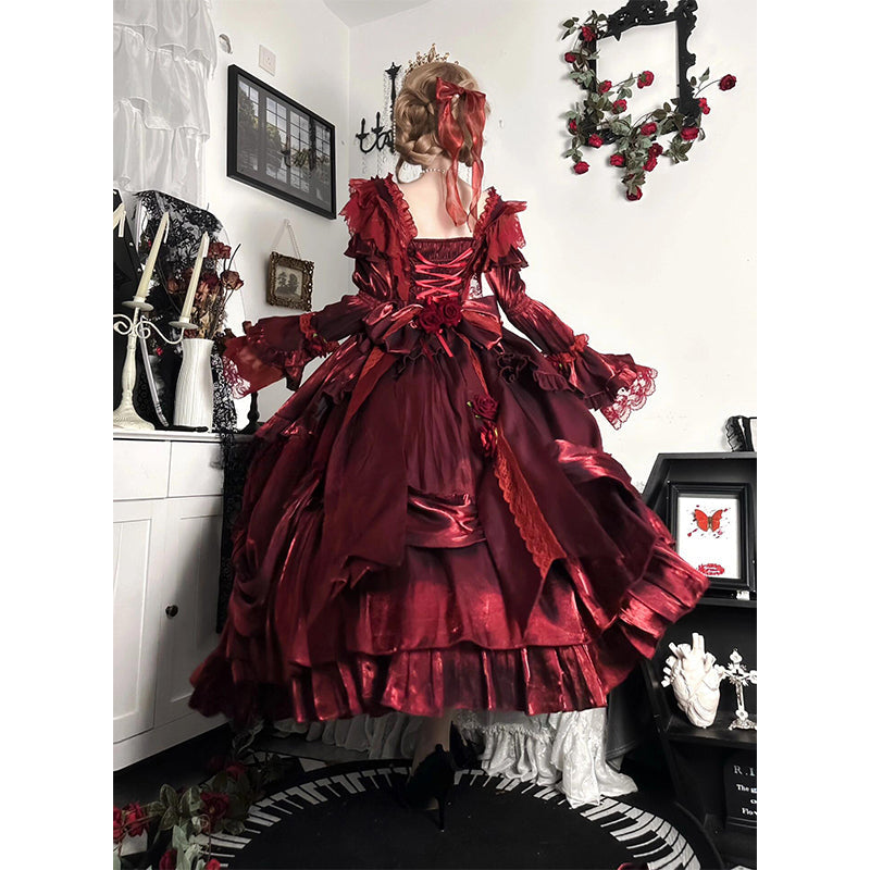 Hime Prom Lolita Red Princess Rose Fluffy Dress with Ruffled for Christmas