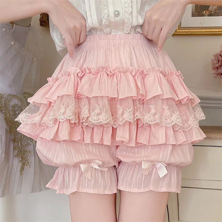 Japanese Sweet and Cute Pink Multi-layer Ruffle with Pattern Pumpkin Shorts