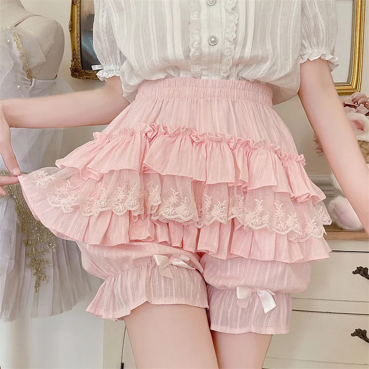 Japanese Sweet and Cute Pink Multi-layer Ruffle with Pattern Pumpkin Shorts