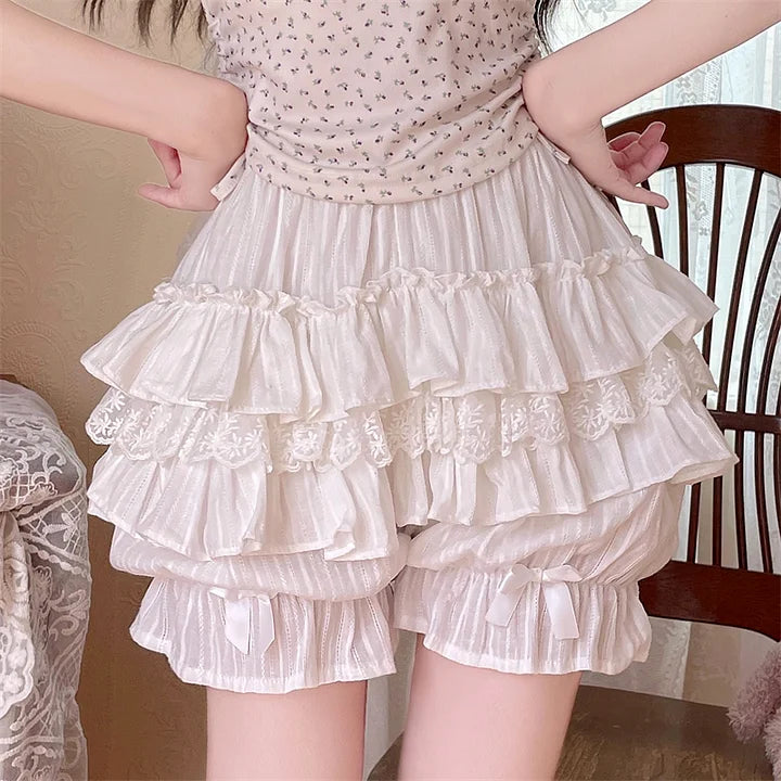 Japanese Sweet and Cute Pink Multi-layer Ruffle with Pattern Pumpkin Shorts