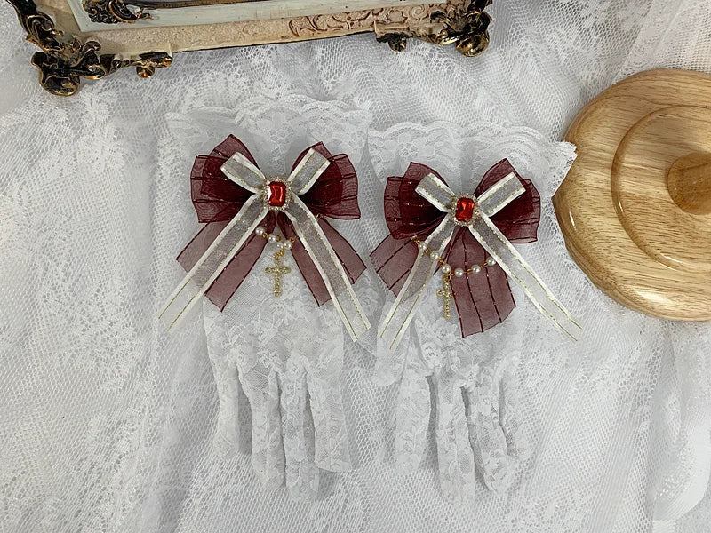 Lolita Accessories Black Handmade 5 Colors Gothic Elegant Lace Gemstone Gloves