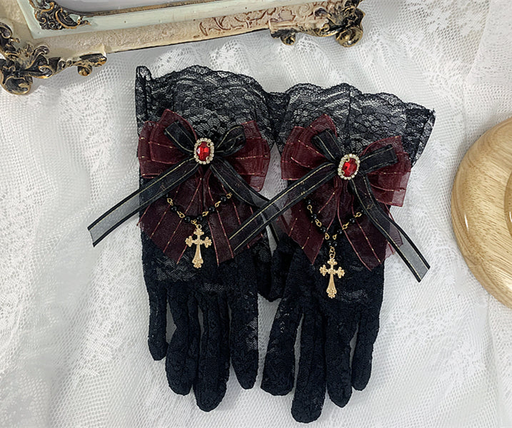 Lolita Accessories Black Handmade 5 Colors Gothic Elegant Lace Gemstone Gloves