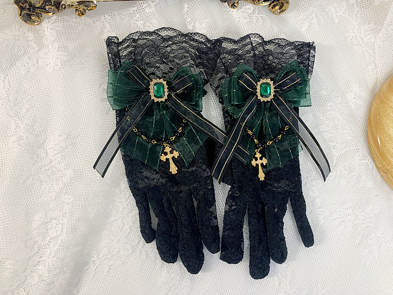 Lolita Accessories Black Handmade 5 Colors Gothic Elegant Lace Gemstone Gloves