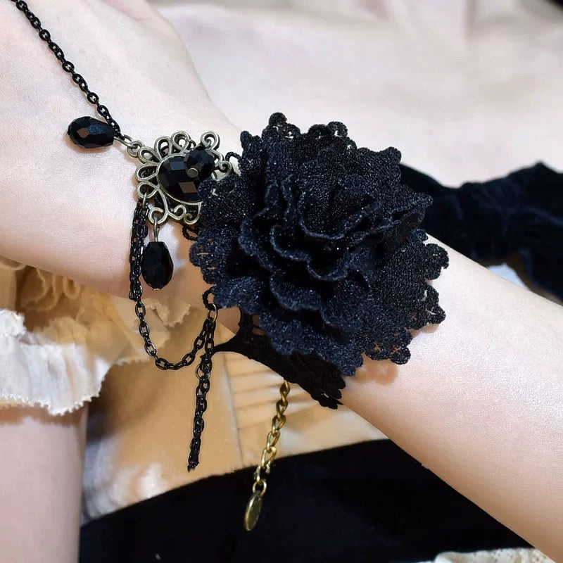 Lolita Accessories Gothic Black Rose Ring Lace Chain Hand Ornament