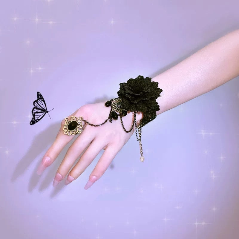 Lolita Accessories Gothic Black Rose Ring Lace Chain Hand Ornament