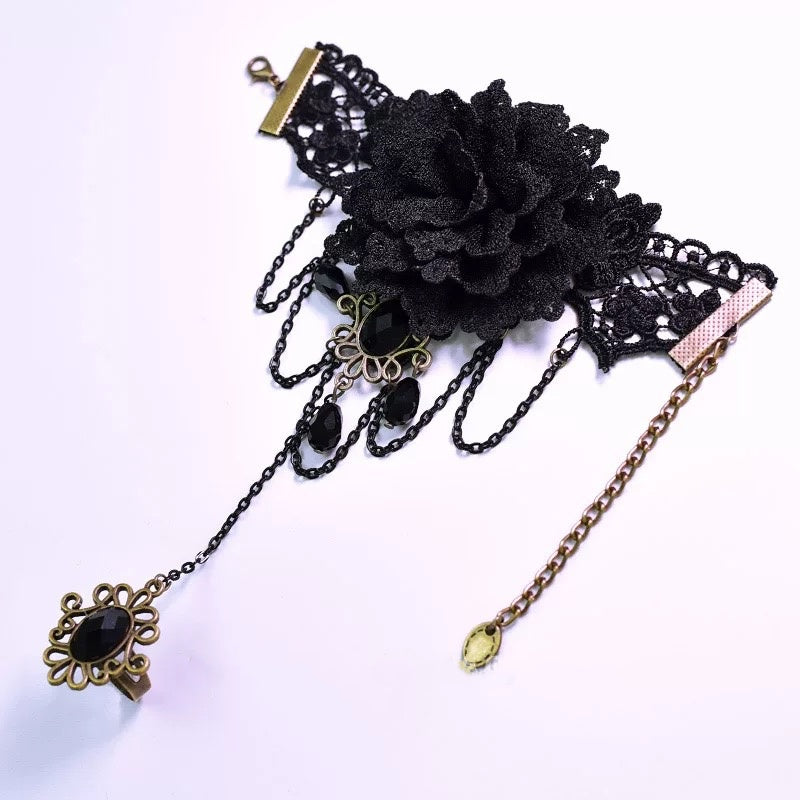 Lolita Accessories Gothic Black Rose Ring Lace Chain Hand Ornament