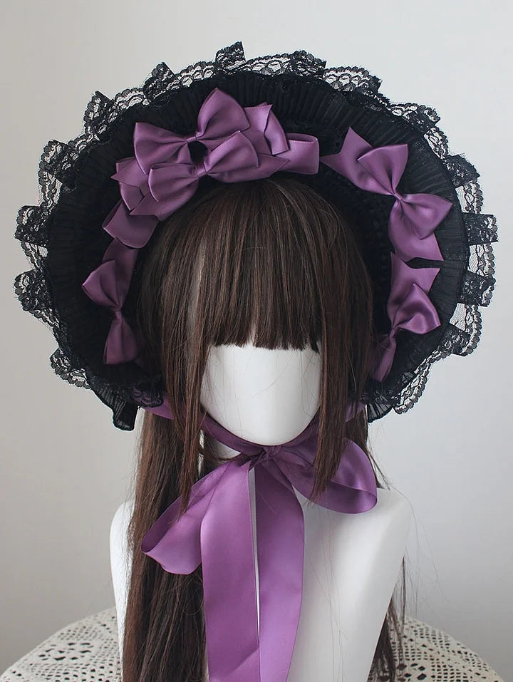 Lolita Accessories Gothic Bonnet Hat Lace Bow White Pastoral Cute Headwear 2 Colors