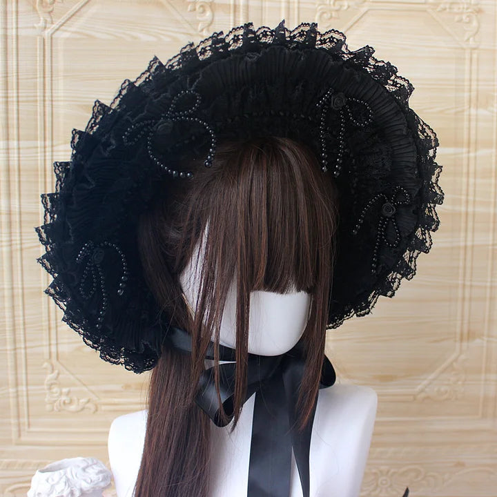 Lolita Accessories Gothic Bonnet Hat Lace Bow White Pastoral Cute Headwear 3 Colors